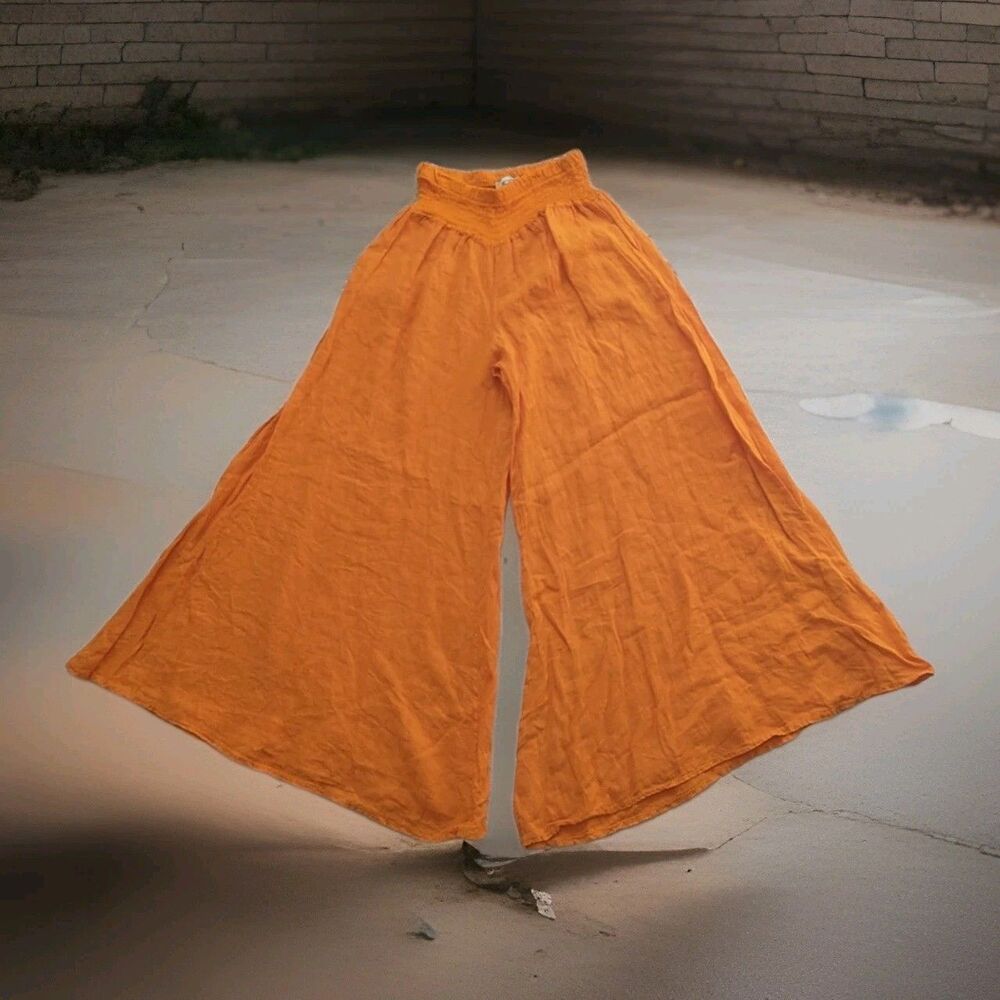 New Puro Lino Made In Italy 100% Linen Palazzo Wide Leg Pants OS S/M*Orange - Picture 5 of 7